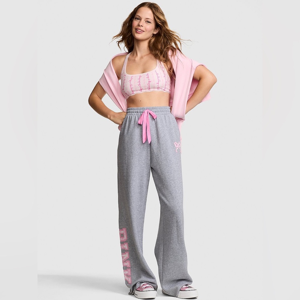 NWT PINK X LoveShackFancy Wide Leg Sweatpants Medium Heather Grey Size XS Short